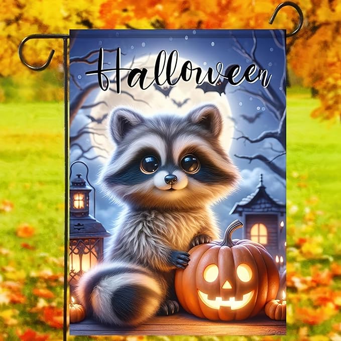 Welcome Halloween Garden Flag Fall Pumpkin Raccoon Garden Flag Vertical Double Sided 12 x 18 Inch Seasonal Autumn Thanksgiving Yard Outdoor Decoration