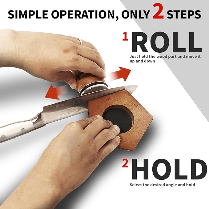 Zohro Rolling Knife Sharpener Kit – 5 Angles (12°/15°/17°/19°/22°) – Beech Wood Base, 304 Stainless Steel, Diamond Disc (400/2000), N52 Magnet – Manual Japanese Blade Sharpener