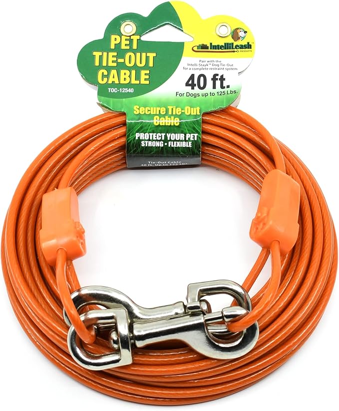 IntelliLeash 40FT Tie-Out Cables for Dogs - Strong, Safe, and Durable Dog Tie-Outs for Small Dogs up to 125 Pounds - Weather and Wear Resistant Galvanized Aircraft Cable for Outside Use