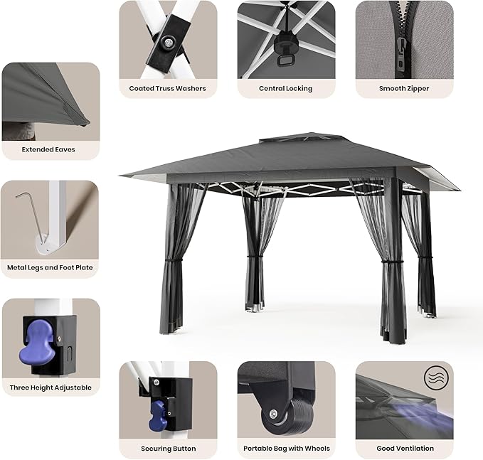 Bealife 13x13 Pop Up Gazebo Tent with Mosquito Netting, Outoor Canopy Tent with 4 Sandbags, 8 Stakes, 4 Ropes, Roller Bag, Pop Up Canopy for Lawn Backyard Garden Deck (Grey, 13x13)