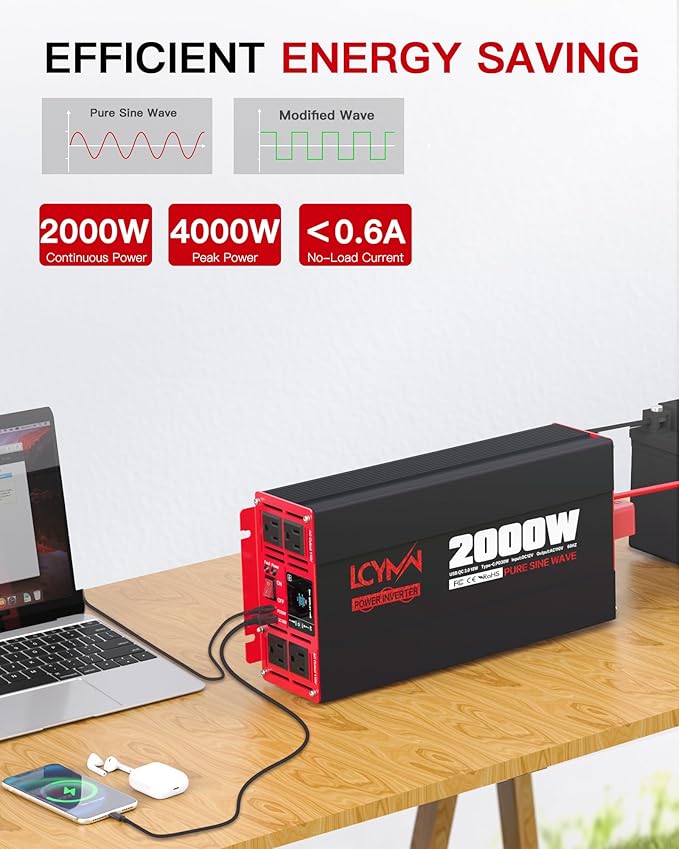 2000 Watts Pure Sine Wave Power Inverter 12V DC to 110V 120V AC Converter for Home RV Off Grid Truck Solar System Inverters with Type-C PD30W USB QC3.0 Port 4 AC Outlets LCD Display and Remote Control
