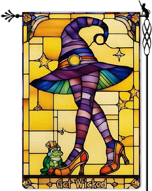 Get Wicked Garden Flag Witch Hat Holiday Garden Flag The Frog Prince Stained Glass Style Vertical Double Sided Rustic Farmland Burlap Yard Lawn Outdoor Decor 12.5x18"