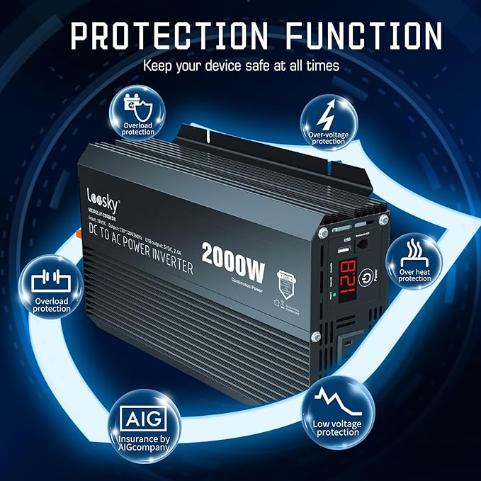 2000 Watt Power Inverter, 12V DC to 110V 120V AC Inverter, Car/Outdoor Home RV Truck Off-Grid Solar Power, Built-in UL Fuses, Compatible with Lithium Battery, 15FT Remote Controller, 2.4A USB Port