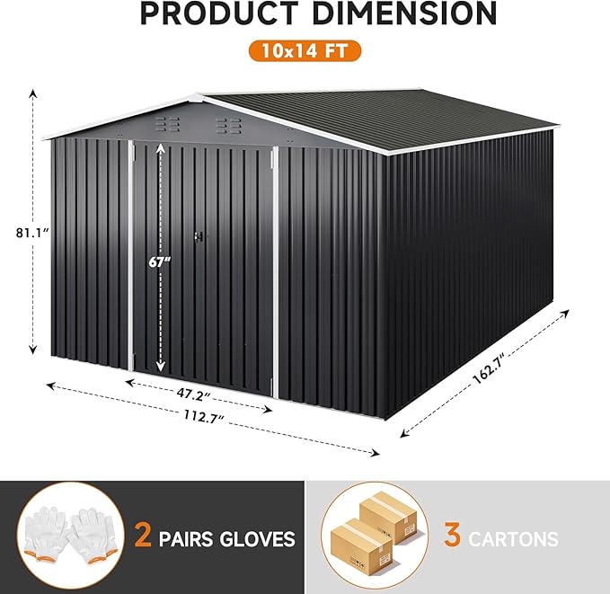 Polar Aurora 10 x 14 FT Outdoor Storage Shed, Metal Garden Shed with with Updated Frame Structure, Tool Sheds for Backyard Garden Patio Lawn, Black