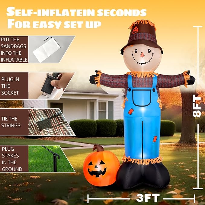 8 FT Fall Inflatables Scarecrow Decorations, Scarecrow with Pumpkin Inflatable Yard Decor Built-in LEDs,Scarecrow Blow Up Yard Decorations for Halloween Thanksgiving Fall Autumn Harvest Lawn Garden