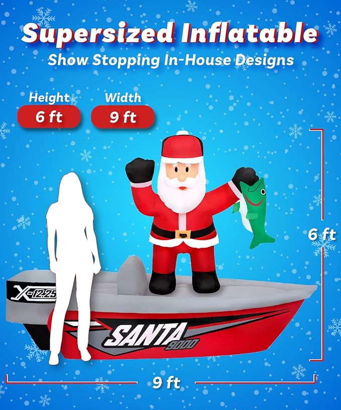 Holidayana Christmas Inflatables Large 6 ft Santa Fishing Boat - Inflatable Outdoor Christmas Decorations Blow Up X-mas Decorations for Yard, Lawn & Garden Internal Lights & Built-in Fan