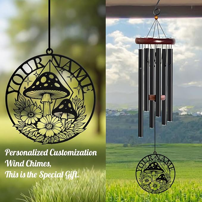 Personalized Customize Name Fantasy Mushroom Wonderland Wind Chime, Metal Iron 37 Inch Outdoor Memorial Gift for Garden Yard Patio Home Decor, Black (Style I)