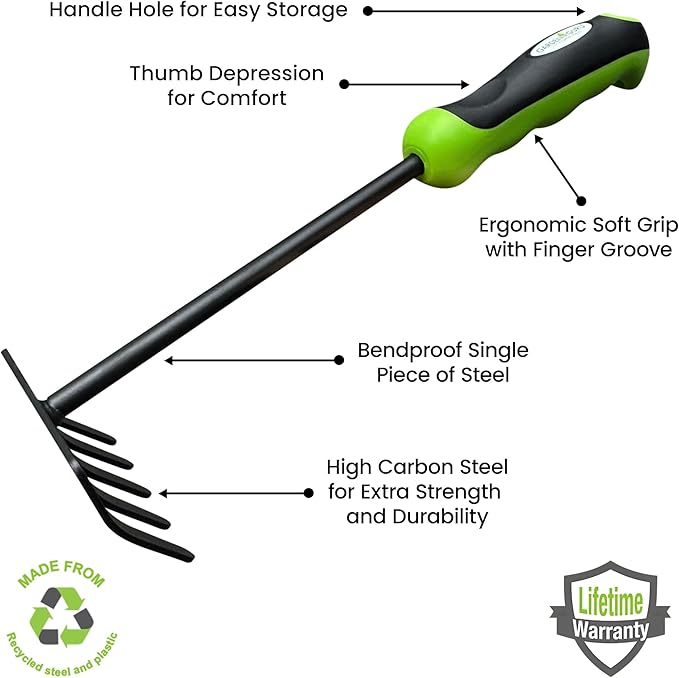Garden Guru Hand Rake Cultivator Tiller Tool – Strong Carbon Steel for Ultimate Strength - Rust Resistant – Ergonomic Handle – Great for Gardening Cultivating Loosening Weeding Mulching (2 Pack)