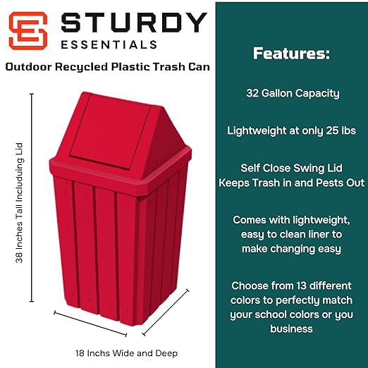 32 Gallon Square Slatted 100% Recycled Plastic Indoor or Outdoor Commercial Trash Can with Easy Access Swing Top Lid | Great for Schools and Businesses - Red