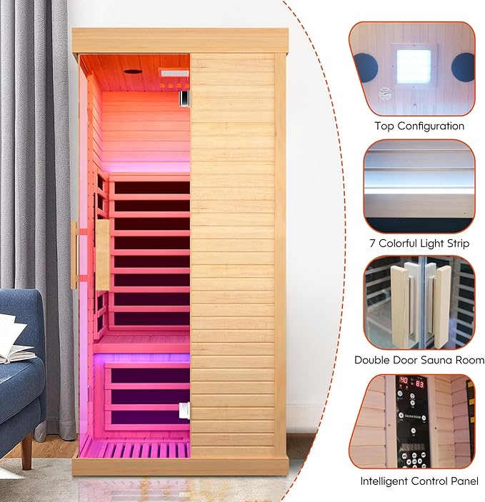 Sauna Room Indoor Far Infrared Saunas Home Canadian Hemlock 1420W Low-EMF Dry Saunas Single Person Spa with Oxygen Bar,33.5 * 33.5 * 70.87 inch