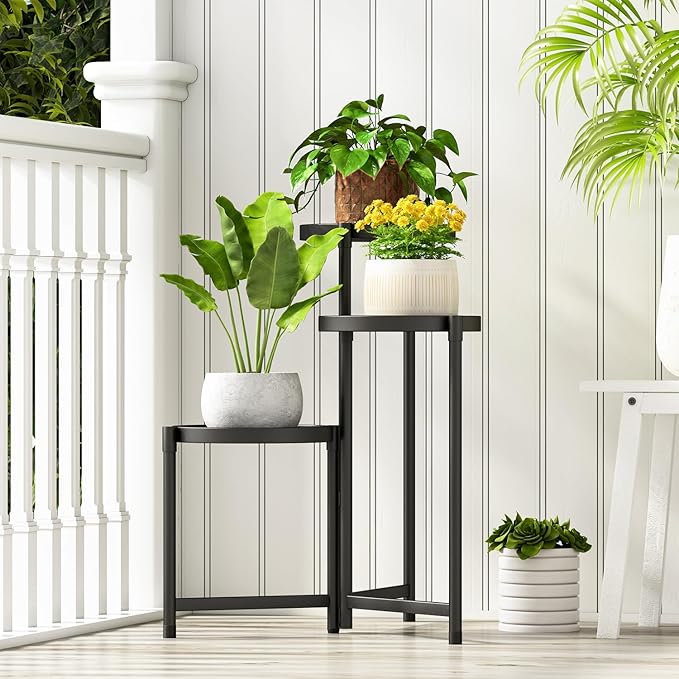 Plant Stand indoor outdoor - 3 Tier black Tall Metal Flower Pot Holder Potted Display Rack - Heavy Duty Corner Plant Shelf for Patio Garden Balcony Living Room Bedroom