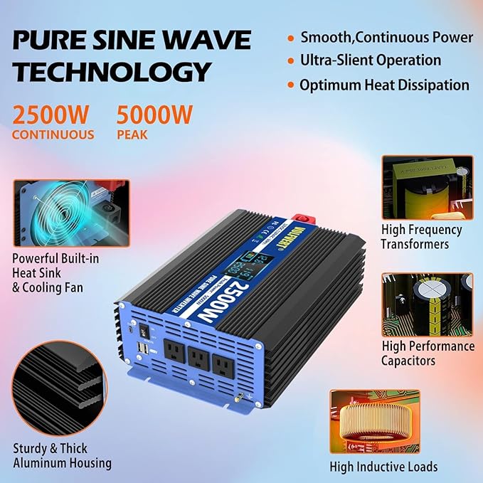 2500W Pure Sine Wave Power Inverters DC 12V to AC 110V 120V with Type-C Port 3 AC Outlets Dual USB Ports LCD Display Remote Controller, 2500 Watt Continue Power Converter for Home RV Solar Car…