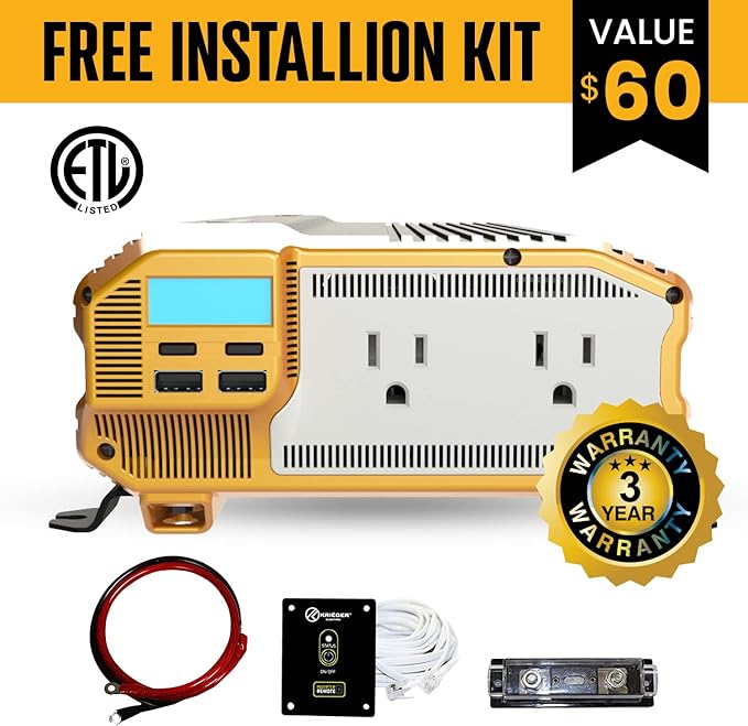Krieger 1100 Watt 12V Power Inverter Dual 110V AC Outlets, Installation Kit Included, Automotive Back Up Power Supply For Blenders, Vacuums, Power Tools - ETL Approved Under UL STD 458