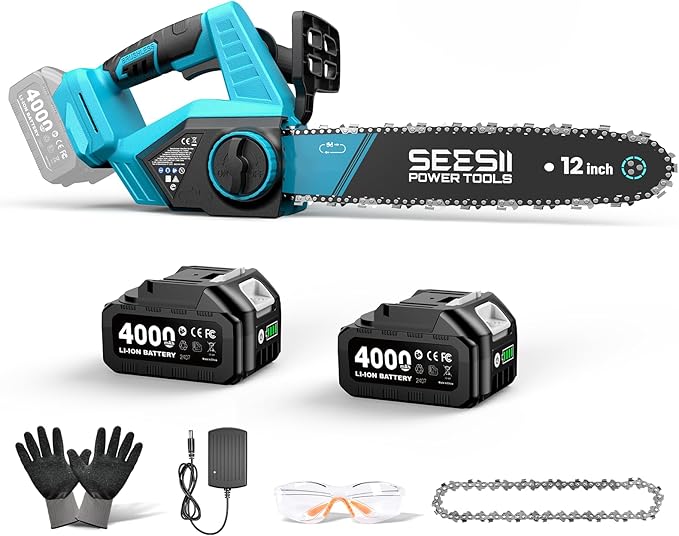 SEESII Chainsaw Cordless 12-inch, Handheld Chain Saw with 2 * 4.0Ah Batteries, Electric Saw with Tool-free Chain Tension, Auto Oiling for Wood Cutting Trimming Branch