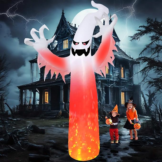 Dearsun 12FT H Giant Halloween Inflatable Ghost with Built-in Red Fire Flame Led Lights Inside, Huge Blow up Ghost Jumbo Scary Spooky Ghost Decor for Party Yard Decoration