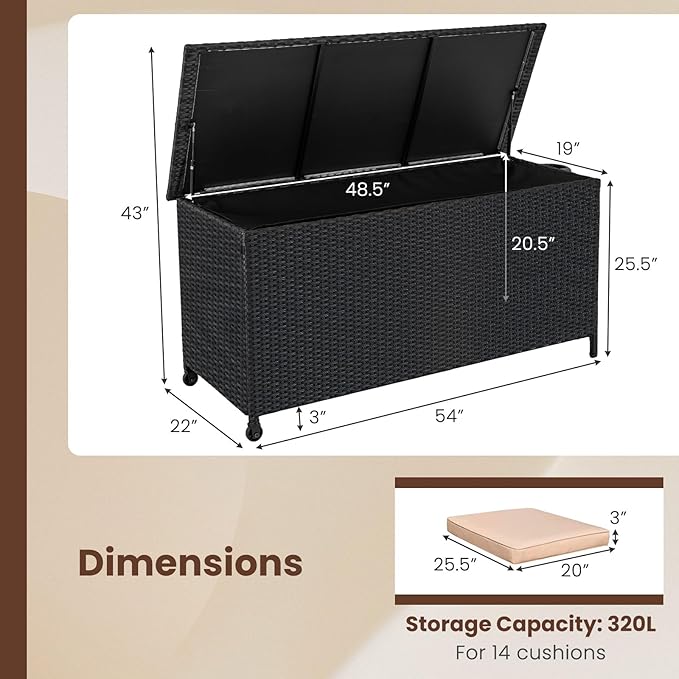 Tangkula Rattan Deck Box, 85 Gallon Storage Container with Waterproof Liner, Wheels & Gas Strut, Indoor Outdoor Wicker Storage Cabinet, Storage Furniture for Pillows, Cushions (Black)