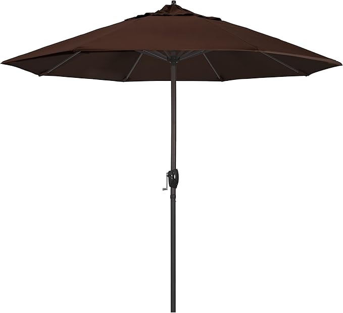 California Umbrella 9' Round Sunbrella Aluminum Outdoor Deck, Pool or Patio Umbrella, Crank Lift, Auto Tilt, Bronze Pole, Bay Brown