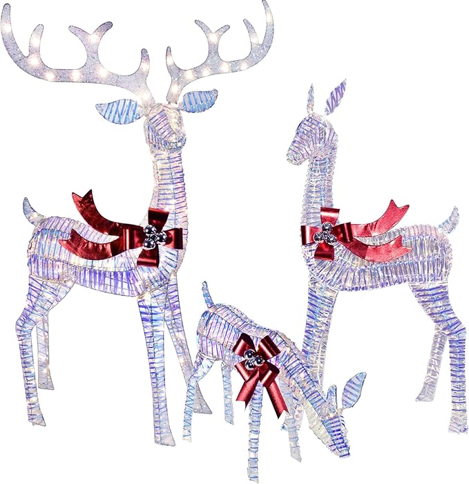 Christmas Decorations Outdoors Reindeer Family - Light up Christmas Decor Iridescent Deer 3 Piece with LED Lights, Extension Cord, Ground Stakes, for Outdoor Front Yard Porch - Iridescent