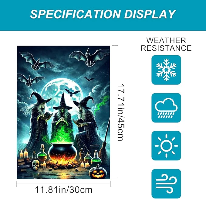 Halloween Witch Garden Flag Spooky Yard Banner Full Moon Bats Cauldron And Three Witches Double Sided 12x18 Outdoor House Flag For Lawn Porch Halloween Decoration Scary Seasonal Yard Sign
