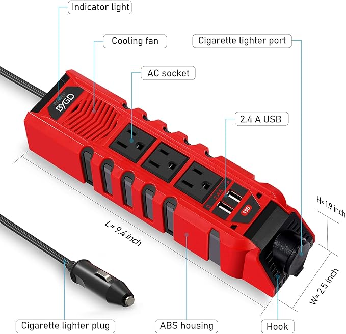 150W Car Power Inverter DC 12V to 110V AC Converter with 3 AC Outlets 2 Quick Charger 4.8A Dual USB Ports Cigarette Lighter Socket Charger Adapter