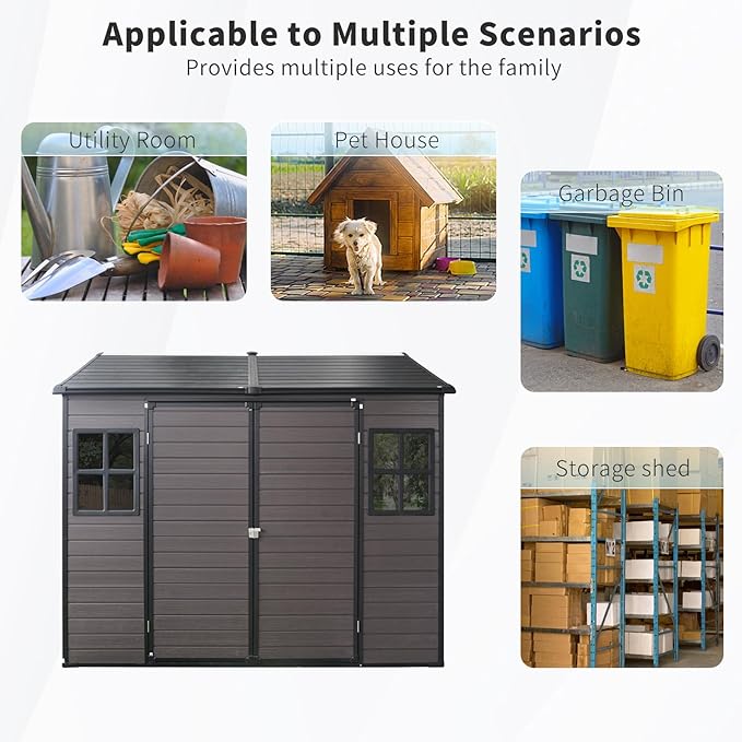 8x6 FT Resin Outdoor Storage Shed with Floor, Windows & Lockable Doors Waterproof All-Weather Garden Shed for Backyard, Patio, and Lawn Equipment Storage, Brown