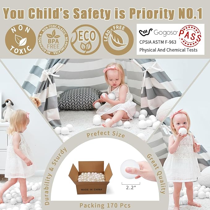 GOGOSO Ball Pit Balls Crush Proof Non-Toxic Plastic Balls Babies Kids Toy Bulk Pack 170pcs 2.2inchs