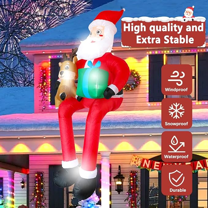 9.5Ft Christmas Inflatables Outdoor Decoration, Giant Sitting Santa Claus & Reindeer with Gift Box Christmas Inflatable with LED Light Blow Up Yard Decorations for Xmas Roof Eaves Lawn