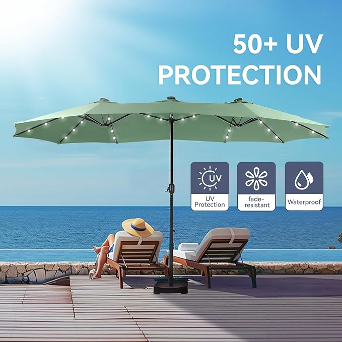 GREEN PARTY 15 ft Rectangle Patio Umbrella with Solar Lights and Base Included, Double-Sided Market Table Umbrella with Crank, Large Outdoor Umbrellas for Patio Poolside Garden Backyard, Mint Green