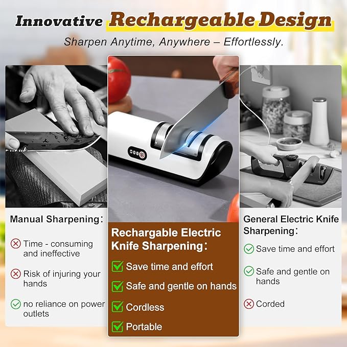 Rechargeable Electric Knife Sharpener, Compact Cordless Knife Sharpener with Diamonds for Steel Knives and Fruit Knife, 2 Stage Automatic Knife Sharpening Helps Restore & Polish Blades Quickly
