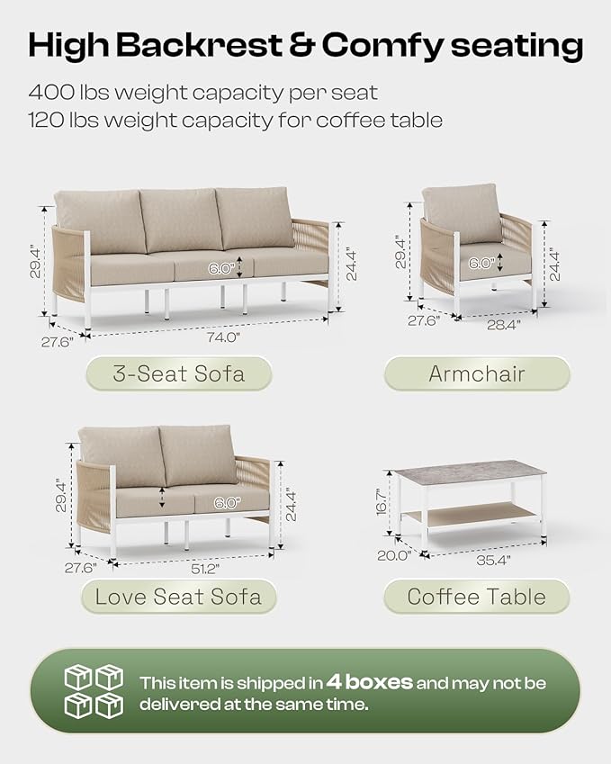 Aluminum Outdoor Patio Couch Loveseat, HDPE Rope Patio Sofa with Washable Thick Cushion, All-Weather Patio Furniture for Balcony, Yard, White Frame, Ivory