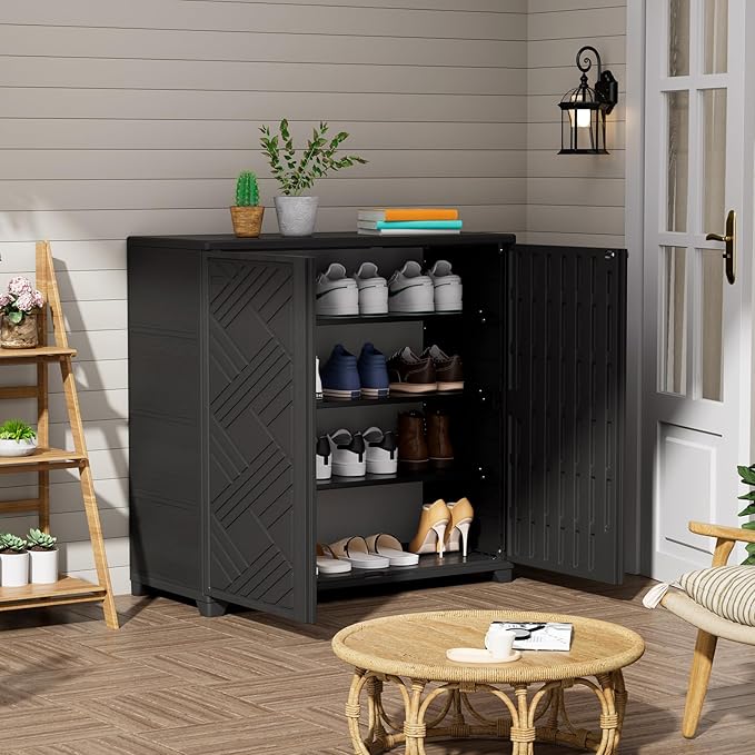 ZZM Indoor/Outdoor Storage Cabinet Waterproof, 34"x15"x34" Plastic Outdoor Storage Box for Garden Balcony Bathroom, All Weather Outdoor Storage Clearance, DIY Usage, with No Shelf (Black)