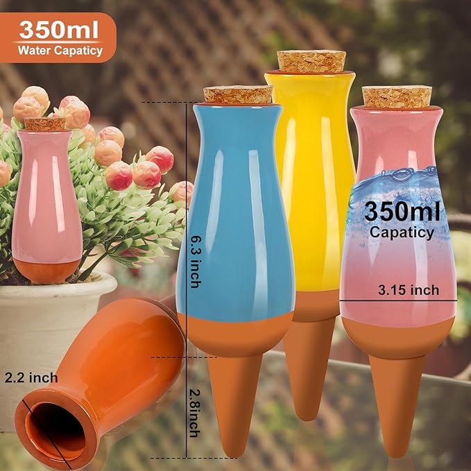 4 Packs Plant Watering Globes, Self Watering Planter Insert, Clay Plant Watering Devices, Self Watering Pots for Indoor Plants, Automatic Watering Bulbs Drip Irrigation Stake for 1 Week Easy to Refill