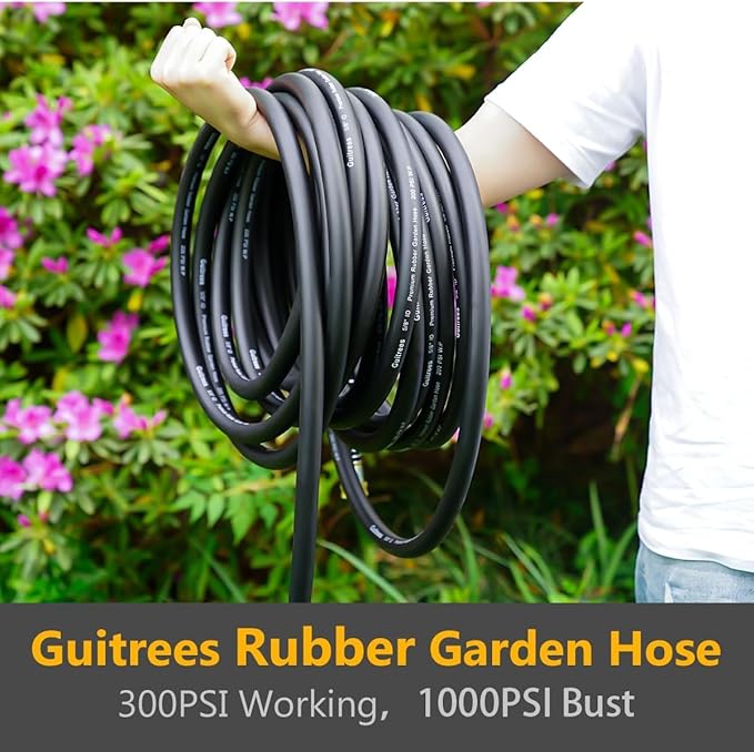 Garden Hose 75FT x 3/4”, Heavy Duty Rubber Hose, Water Hose with Five-Layered Braiding, Hot/Cold Water, 1000PSI Burst, 200PSI Working (Black)