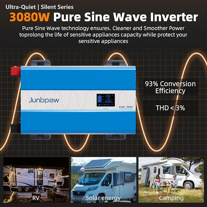 3080W Pure Sine Wave Power Inverter - 30dB Ultra Quiet, 6000W Surge, Game-Changing Design | 12V to 120V AC Converter for Home, RV, Camping, Off-Grid & Outdoor Adventures