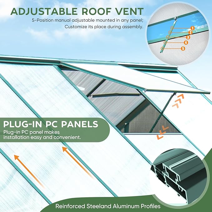 CDCASA 10x6 FT Outdoor Greenhouse, Aluminum Heavy Duty Polycarbonate Greenhouses w/Vent Window, Swing Door, Walk-in Green House for Outside, Backyard