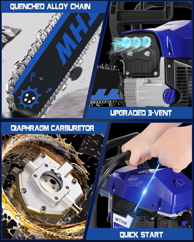 58 cc Gas Powered Chainsaw, 20 in & 18 in Quick-Switch Bars – 550 ml Fuel 260 ml Oil Tanks, Automatic Chain Oiler, Centrifugal Air Filter, Quick Start, Inertial Chain Brake (WH5808)