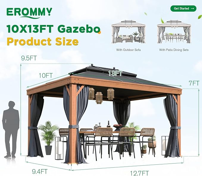 EROMMY 10'x13' Hardtop Gazebo Outdoor Aluminum Wood Grain Gazebos with Galvanized Steel Roof and Mosquito Net for Patios, Deck, Backyard, Curtains & Netting