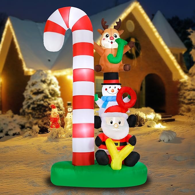 MUMTOP Christmas Inflatable Outdoor Decoration, 7.8 FT Candy Cane Christmas Inflatables with Joy Sign, Elk, Snowman and Santa Blow Up Lighted Holiday Displays for Garden Yard Outside Winter Decor