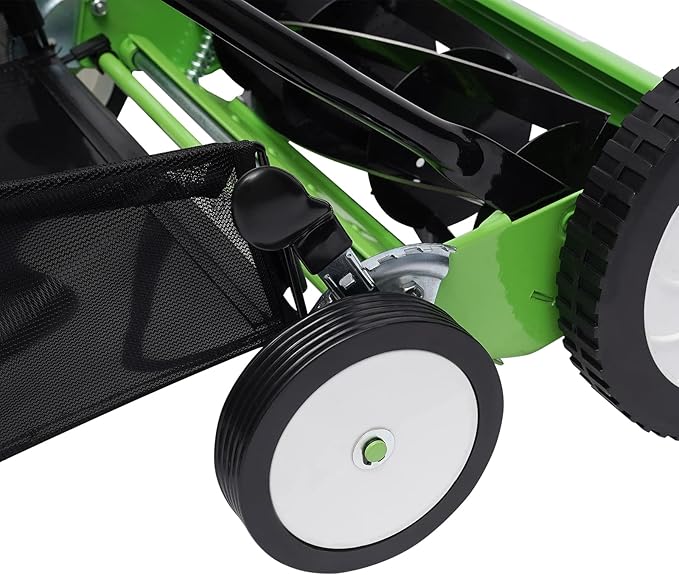 16-Inch Manual Reel Lawn Mower 9 Adjustable Heights 4-Wheel Push Mower for Large Lawns No Gas/Charge, Lightweight & Quiet Grass Cutter