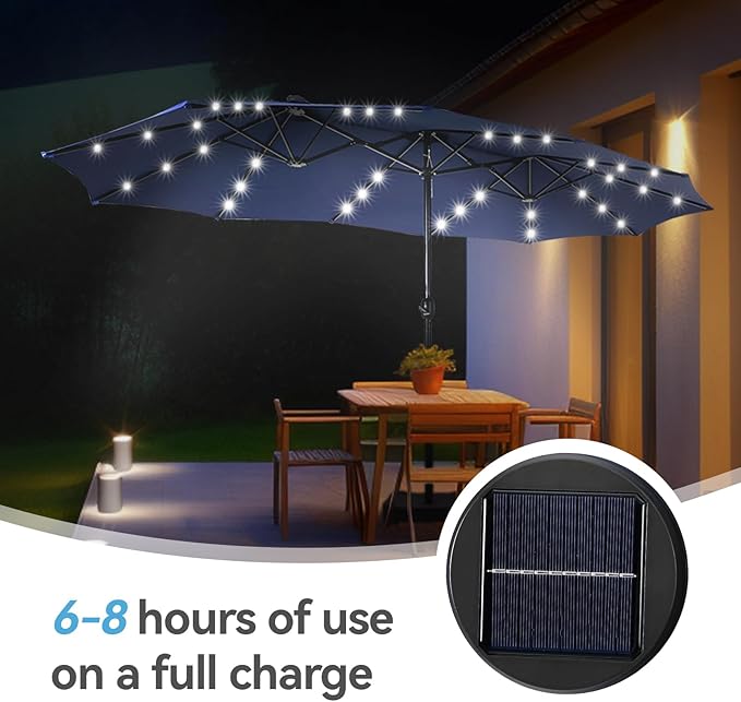GREEN PARTY 15 ft Rectangle Patio Umbrella with Solar Lights and Base Included, Double-Sided Market Table Umbrella with Crank, Large Outdoor Umbrellas for Patio Poolside Garden Backyard, Navy Blue