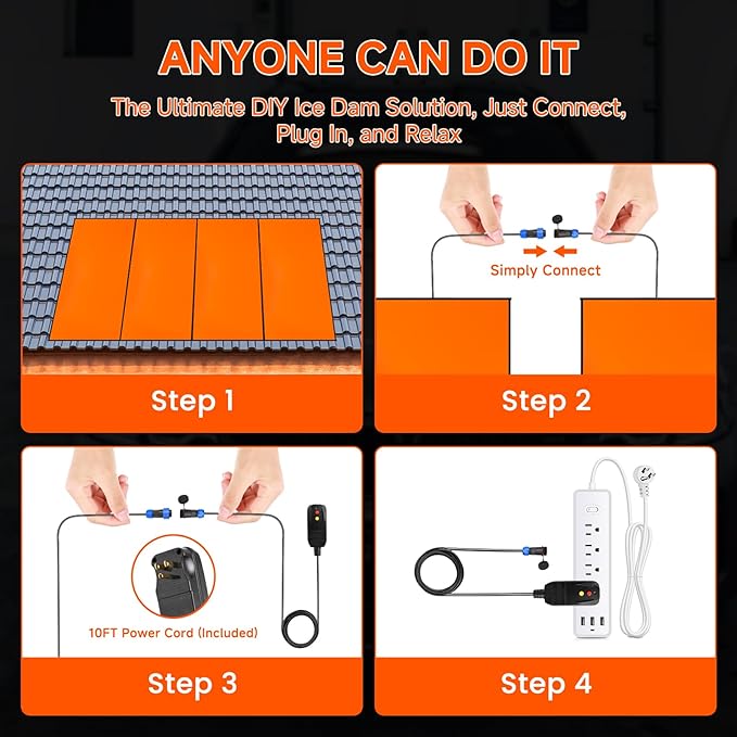 4-Pack Heated Roof Snow Melting Mats for Ice Dams, Roof Heat Panel, Self-Regulating Roof & Gutter De-Icing Kit with Energy-Efficient Heating Pads