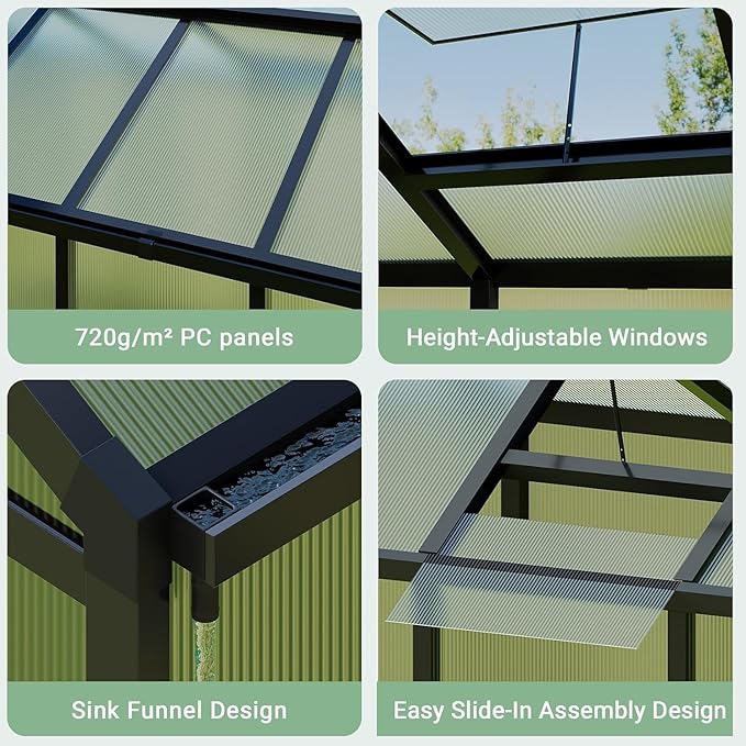 6 x 10 ft Greenhouse, Greenhouses for Outside, Polycarbonate Greenhouse with Aluminum Frame, Lockable Door and Ajustable Roof Vent for Backyard, Green Houses for Outside Garden Backyard, Patio