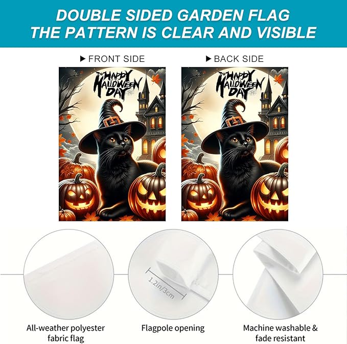 Happy Halloween Day Garden Flag Black Cat Flag Witch Hat Pumpkins 12x18 Inch Double Sided Spooky Outdoor Yard Decor House Banner Porch Lawn Patio Home Decoration