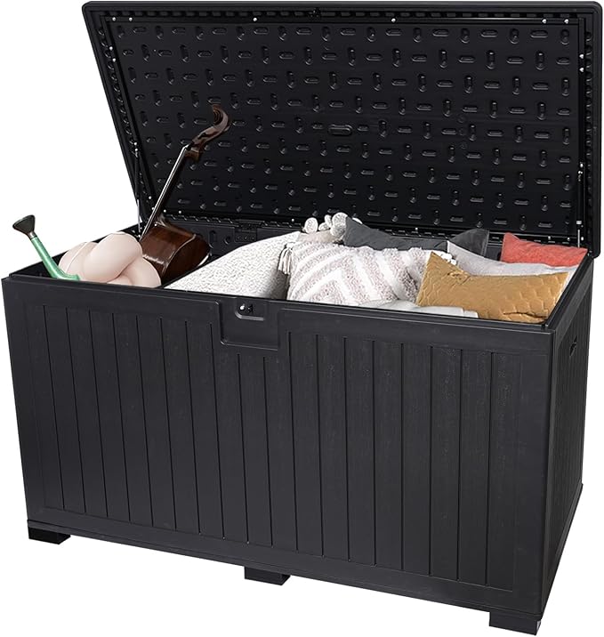LANTRO JS 230 Gallon Deck Box Waterproof, Outdoor Storage Box Waterproof Lockable with Divider and Lifter Prevent Water Seeping into from Floor for Patio Cushions
