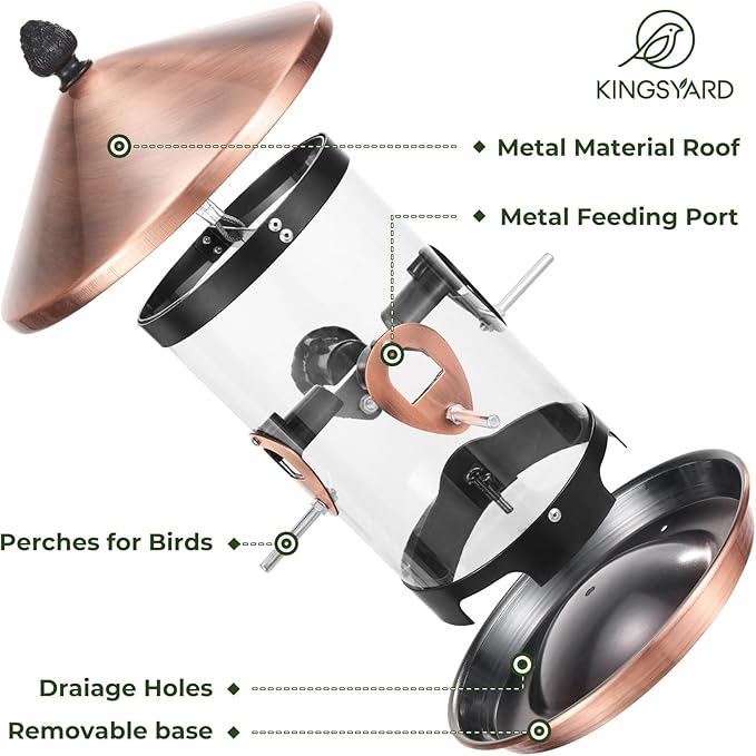 Kingsyard Metal Hopper Bird Feeder for Outdoors Hanging with 8 Ports, 3 lbs Large Capacity Tube Bird Feeder with Seed Tray, Easy to Fill and Clean, Copper