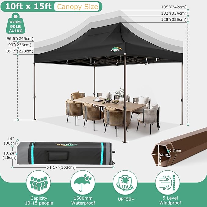 COBIZI 10x15 Pop Up Heavy Duty Canopy with 4 Sidewalls and Hexagonal Legs, Easy up Tent for Parties, Commercial and Wedding, Outdoor Canopy with Roller Bag, Sand Bags, Waterproof & UPF50+ (Black)