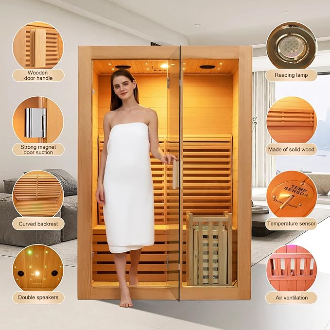 ZONEMEL Wooden Steam Sauna Room, 2 Person Canadian Hemlock Luxurious Indoor Sauna with 3.5 KW Harvia Stove Heater, Bluetooth Speaker, Sauna Stone, Wooden Bucket, Scoop, Reading Light, Hourglass,220V