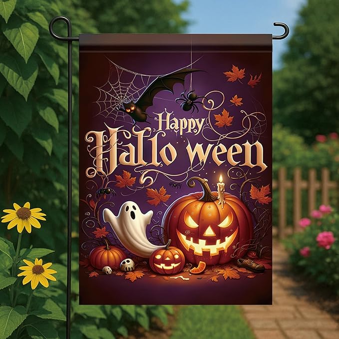 Halloween Garden Flag Happy Halloween Pumpkin Ghost Flag Double Sided Outdoor Yard Banner Fall Seasonal Decoration for Garden Lawn Patio Party Autumn Outdoor Yard Decor 12x18 Inch
