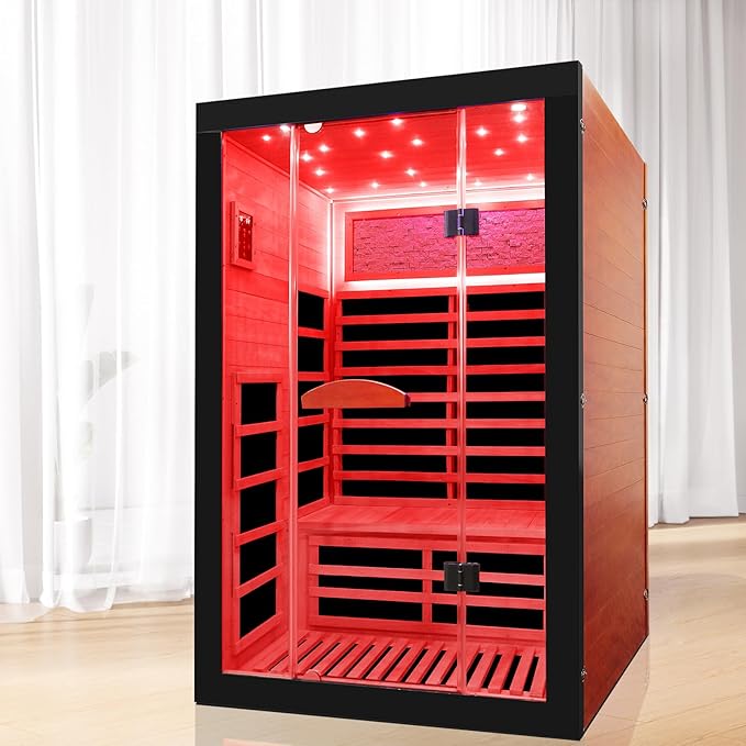 Infrared Sauna 2000W Wooden Saunas Home Spa Room Wood Low-EMF Indoor Saunas with with 7 Color Starry Sky Ceiling Light for Two Person 74.8 * 47.2 * 41.3Inch