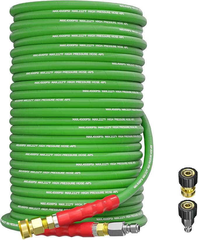 Pressure Washer Hose 150FT 3/8" for Cold and Hot Water 212°F, with Swivel Quick Connect, 4500PSI Kink Resistant Grade Steel Wire Braided, Power Washer Hose With 2pcs M22-14mm Adapter